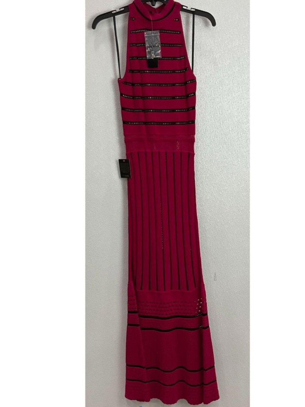NWT Bebe Casi Pointelle Stripe High Neck Knit Maxi Dress Cerise Pink S $149